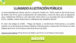 Llamado a Licitación Pública para para la adquisición de materiales y mano de obra, para la obra: “Desague Cruce a las Vías del FFCC NCA a la Altura de Calle España – Sgto. Cabral para Adecuar el Drenaje de Barrio Oeste”