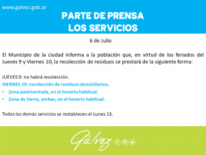 Parte de Prensa - Los Servicios para este Jueves 9 y Viernes 10