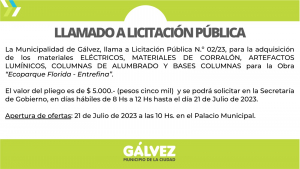 Llamado a licitación pública para la adquisición de materiales ELÉCTRICOS, MATERIALES DE CORRALÓN, ARTEFACTOS LUMÍNICOS, COLUMNAS DE ALUMBRADO Y BASES COLUMNAS para la Obra “Ecoparque Florida - Entrefina”.