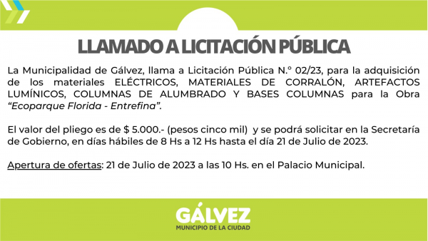 Llamado a licitación pública para la adquisición de materiales ELÉCTRICOS, MATERIALES DE CORRALÓN, ARTEFACTOS LUMÍNICOS, COLUMNAS DE ALUMBRADO Y BASES COLUMNAS para la Obra “Ecoparque Florida - Entrefina”.