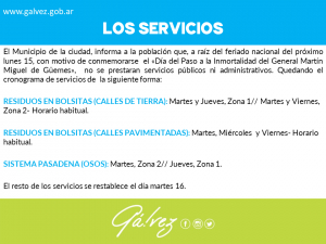 Los Servicios por el Feriado del lunes 15