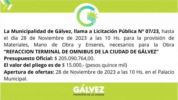 Licitación Pública Nº 07/23 “REFACCION TERMINAL DE OMNIBUS DE LA CIUDAD DE GÁLVEZ”
