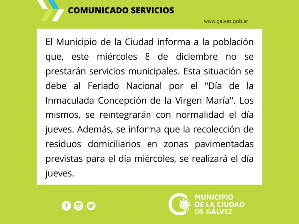 Los servicios por el Feriado Nacional del 8/12/21