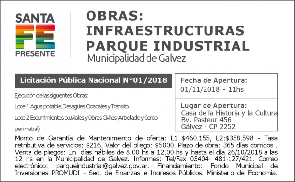 Llamado a Licitaci&oacute;n Para Comenzar las Obras de Infraestructura del Parque Industrial G&aacute;lvez